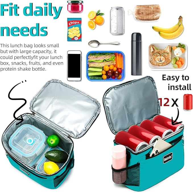 BEIMILY Lunch Box for Men/Women,Small Insulated Lunch Bag,Reusable LunchBox for work Picnic Hiking Beach,Leakproof Soft Cooler Tote Bag Organizer with Adjustable Shoulder Strap for Adults(Teal)