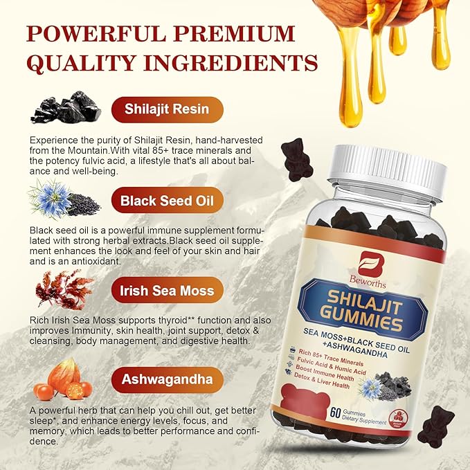 Shilajit Resin Gummies, Shilajit Irish Sea Moss Supplement with Ashwagandha, Black Seed Oil, Panax Ginseng, Honey, Shilajit Gummies with 85+ Trace Minerals & Fulvic Acid for Energy, Digestion Health