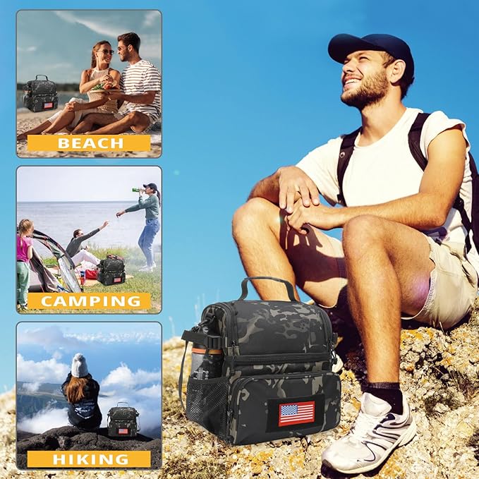 ATRIPACK 2 Compartment Lunch Bag for Men Adult, Tactical Lunch Box Leakproof Insulated Large Cooler Bag for Work with Adjustable Shoulder Strap Flag Double Layer Lunch Pail（Camo-Black）