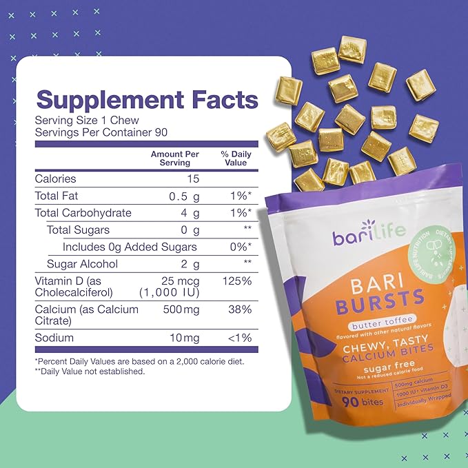 Calcium Citrate Bariatric Calcium Chews with 1000 IU Vitamin D3 - Ideal for Bariatric Patients - BariBurst by Bari Life (Butter Toffee)