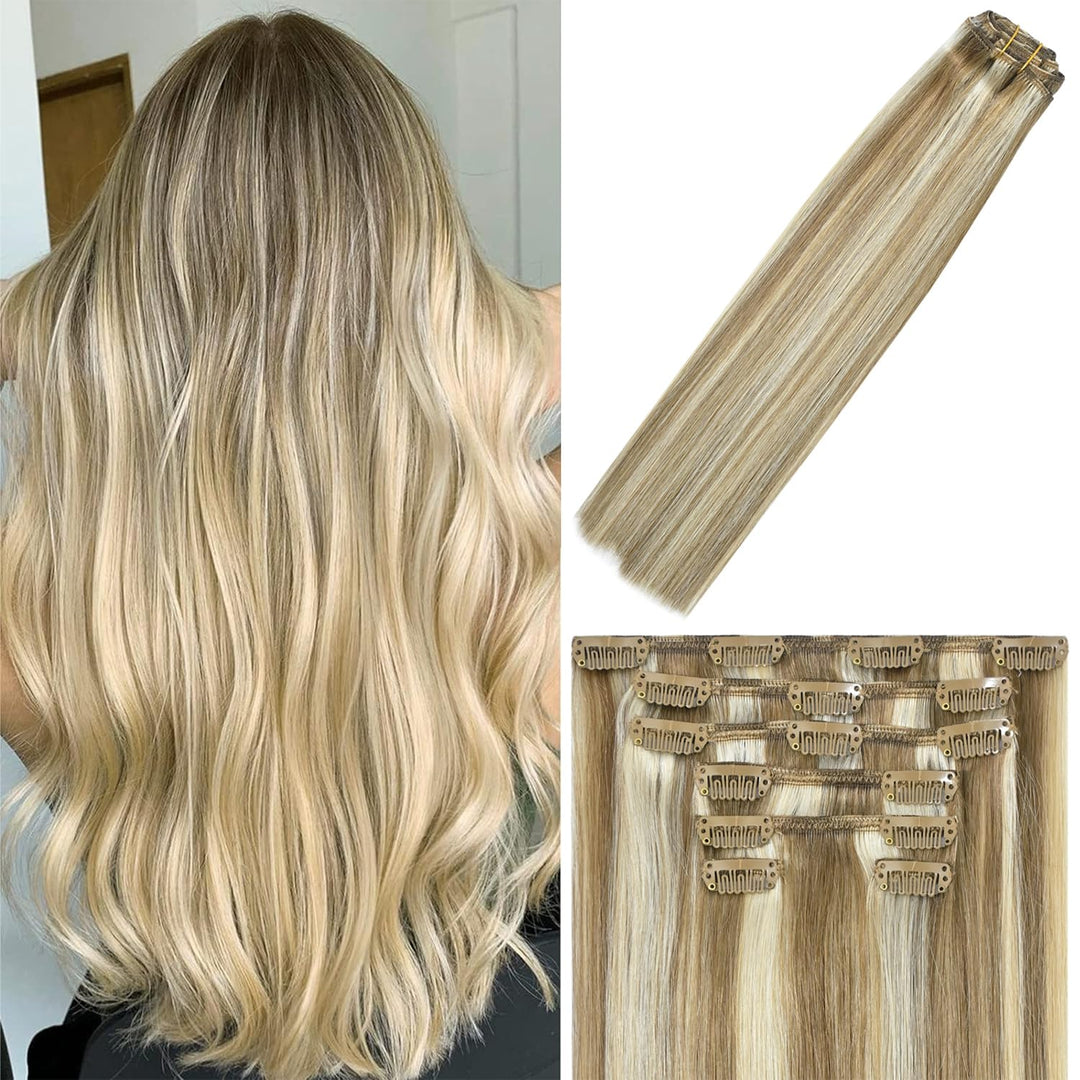 WindTouch Clip in Hair Extensions Human Hair Mixed Bleach Blonde 12Inch 75g Highlights for Blonde 7PCS #18P613