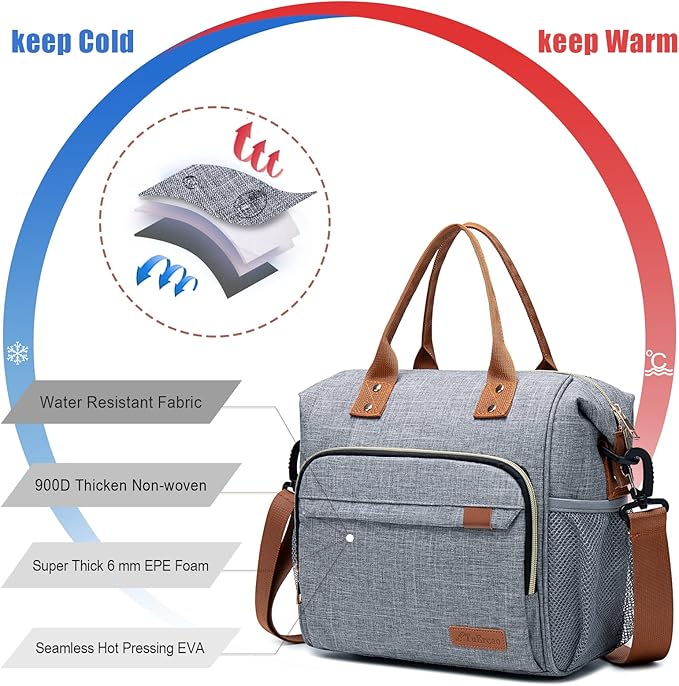 TuErCao Adult Lunch Box - Insulated Lunch Bag Women for Work, Soft Cooler for Beach Travel Picnic, Ladies Lunch Tote Bag for Office, Grey