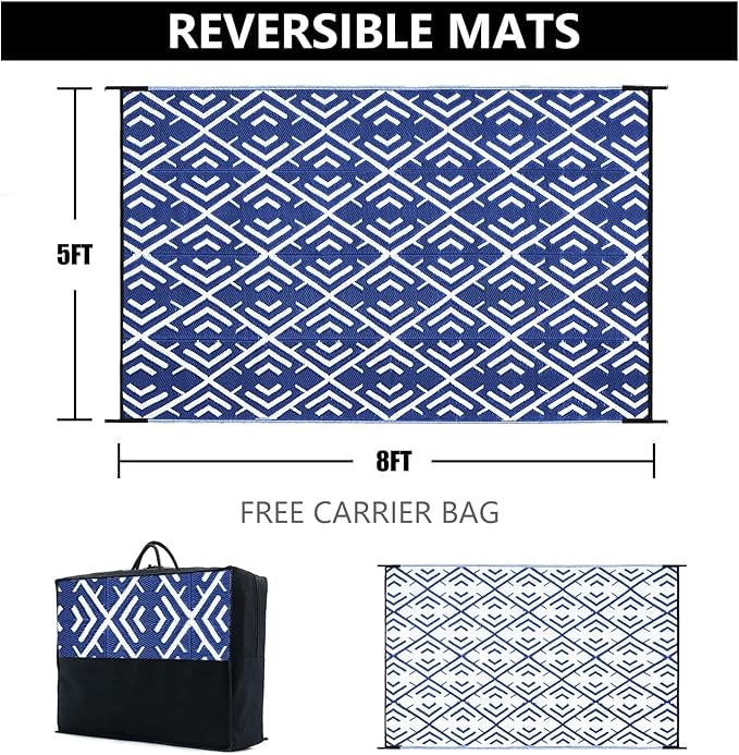 Outdoor Plastic Straw Rug, Waterproof Outdoor Rugs for Patios Clearance, Reversible Area Rug, Large Outside Carpet for Camping, Balcony, RV, Deck, Picnic, Beach (5x8ft Boho/Blue&White)