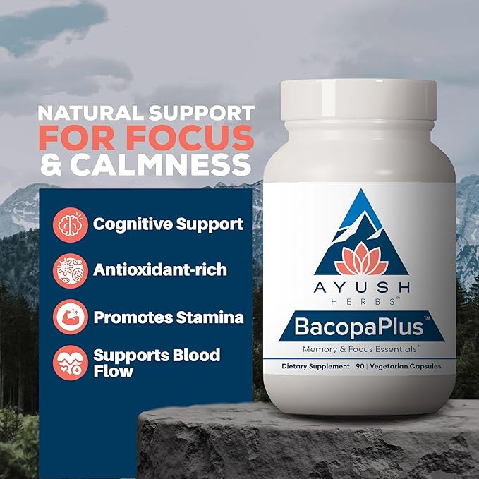 Ayush Herbs BacopaPlus - Bacopa Supplements, Organic Bacopa for Memory & Focus, Cognitive Support Pill for Adults with Ginkgo, Gotu Kola, Ashwagandha - 90 Vegetarian Capsules (1 Count)