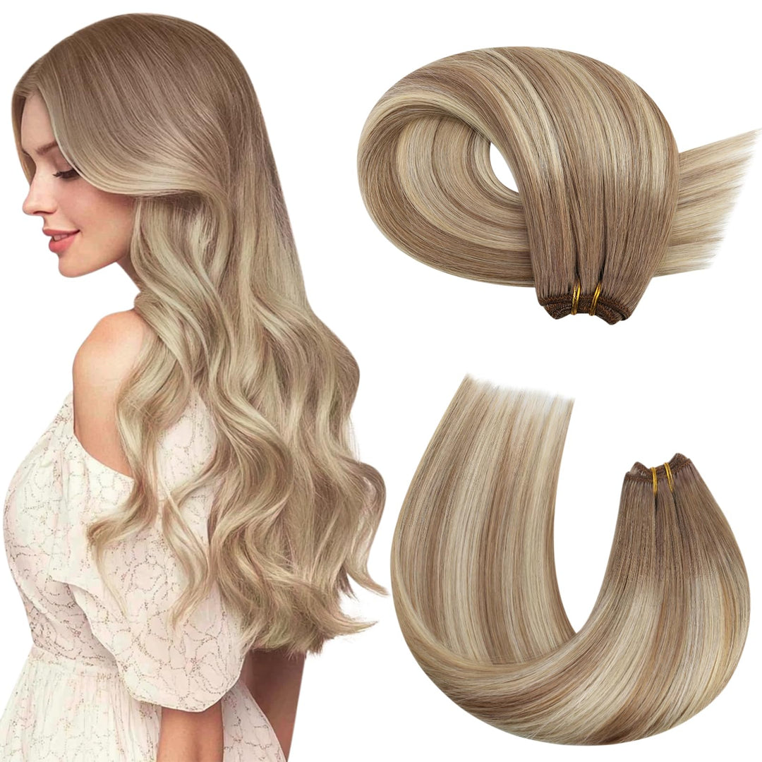 Moresoo Weft Hair Extensions Human Hair Brown Sew In Hair Extensions Balayage Brown Mixed With Blonde Human Hair Extensions Weft