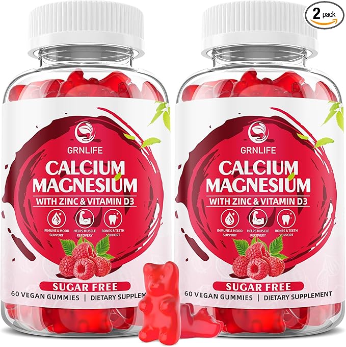 Calcium Magnesium Zinc Gummies with Vitamin D3, Sugar Free Calcium Gummies for Women Men, High Potency Magnesium Gummies for Bone & Muscle & Immune Health, Raspberry Flavor - 120 Count