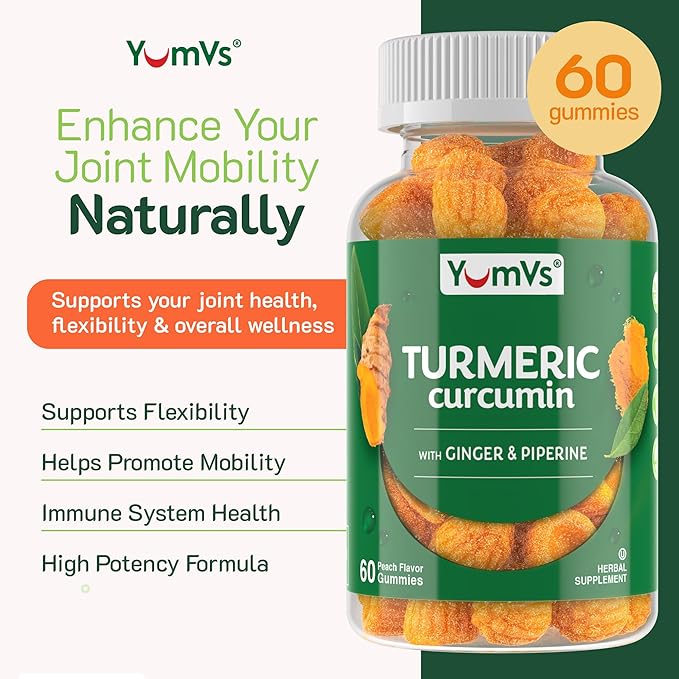 YumV's Turmeric Gummies with Ginger and Piperine - Peach Flavored Gluten Free Vegetarian Turmeric Ginger Supplement with Black Pepper