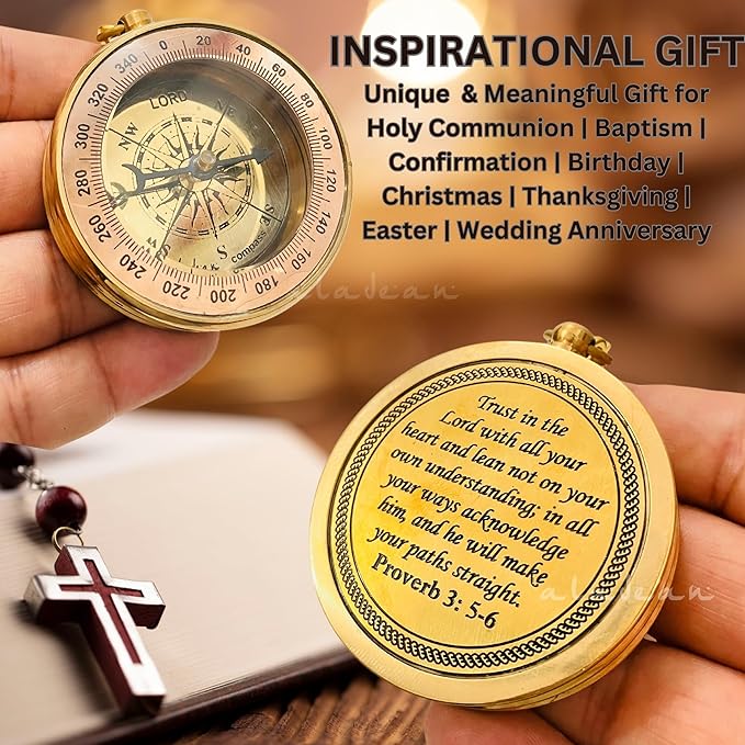 Trust in The Lord - Proverbs 3: 5-6 Engraved Compass, Wood Box Greeting, Inspirational Gift Men, Christian Boys Baptism Gifts, Graduation Day