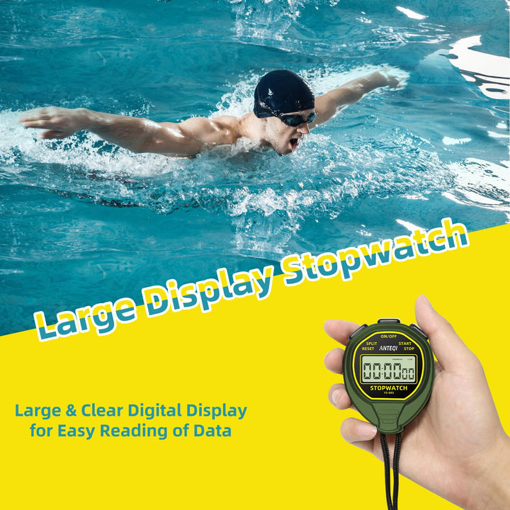 ANTEQI Waterproof Stopwatch, Large Display Simple Silent Stop Watch Timer with ON/Off Function No Clock No Calendar No Alarm Basic Operation for Sports Coaches Swimming Running Training, Green