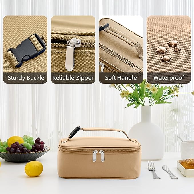 Small Lunch Box Insulated Lunch Bag for Women Men, Bento Kids Lunch Box, Compact Portable Thermal Meal Cooler Bags with Buckle Handle for Work & School, Khaki 5L