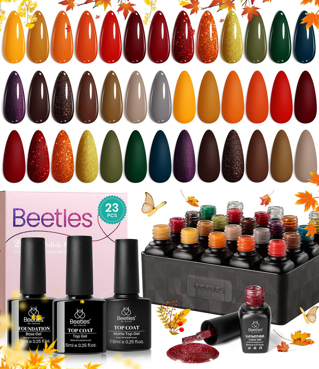 Beetles Gel Polish Nail Set 20 Colors Cozy Campfire Collection Orange Yellow Green Brown Fall Gel Polish Set Soak Off Uv Lamp Ne
