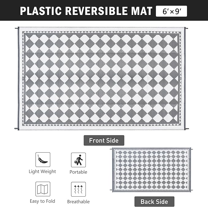 Outdoor Waterproof Rug 6'x9' Plastic Straw Rugs Washable Reversible Floor Mat Grey Plaid Carpet for Camping RV Deck Entryance Porch Picnic Balcony Beach Backyard