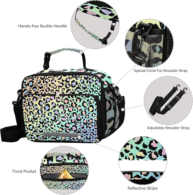 Rainbow Leopard Print Lunch Bag Insulated Lunch Box Cooler Bag Cooling Tote Food Container for Men Women Kids