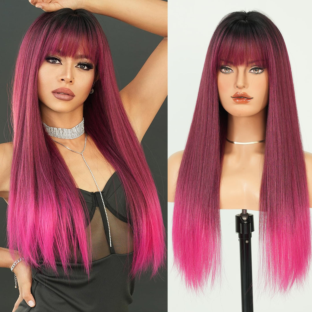 7Jhh Wigs Long Straight Synthetic Rose Pink Wig With Bangs 26Inch Layered Straight Wig With Dark Roots Make Natural Looking Wigs