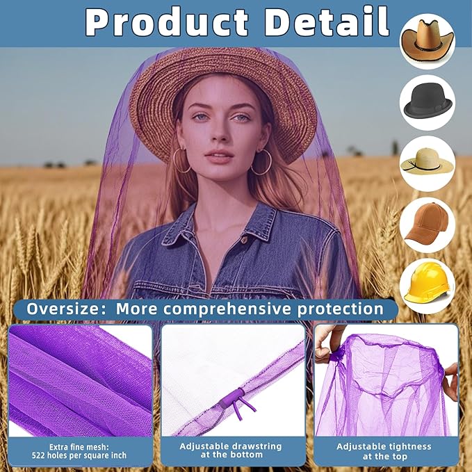2 Pack Ultra Large Mosquito Net 42x25 Inches Mosquito Head Net Oversized Insect Netting Bug Fits Most Hats for Gardening Hiking Fishing Traveling(Purple)