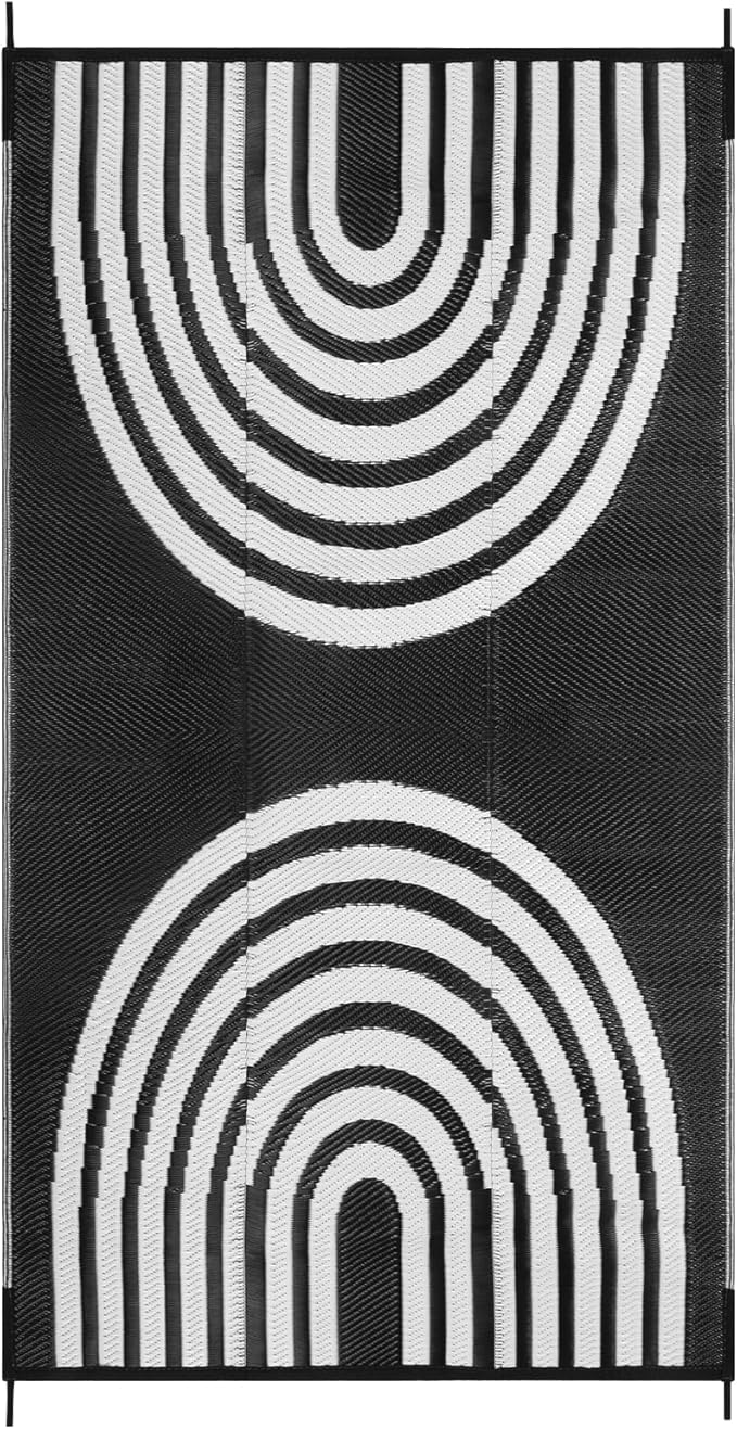 Anidaroel 9x18ft Reversible RV Outdoor Rugs for Camping, Waterproof Patio Rugs Outdoor Clearance, Outdoor Plastic Straw Outside Area Rugs Camping, Pool Deck, Backyard, Picnic(Black&White, 9‘x18')