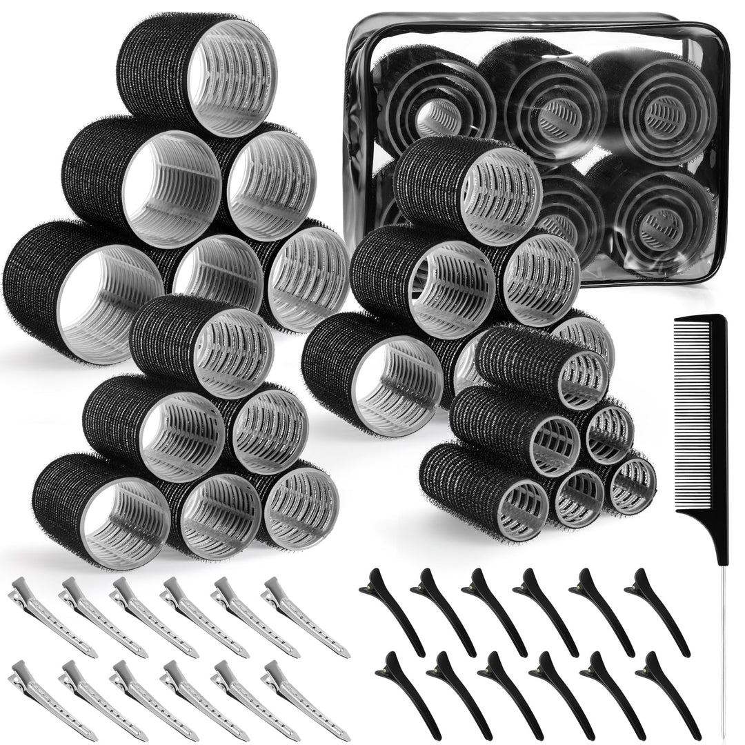 4 Sizes Self-Grip Hair Rollers Set - 50 Pcs Jumbo Curlers for Long, Short Hair and Bangs (25mm, 36mm, 48mm, 60mm) With Clips, Black