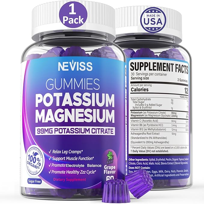 Potassium Magnesium Gummies - Potassium Supplement w/Ashwagandha 200mg, High Absorption Magnesium Glycinate,B6,B12,P-otassium Citrate for Leg Cramps,Muscle,Electroyte for Adults Kids,Sugar-Free,1Pack