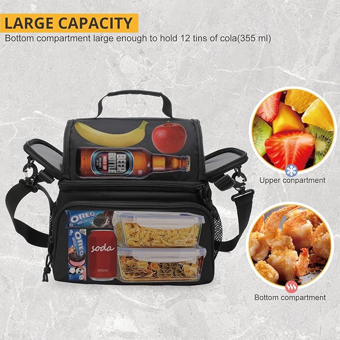 ATRIPACK 2 Compartment Lunch Bag for Men Adult, Tactical Lunch Box Leakproof Insulated Large Cooler Bag for Work with Adjustable Shoulder Strap Flag Double Layer Lunch Pail（Black）