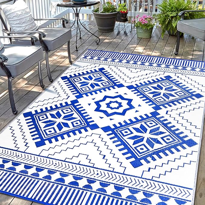 Waterproof Outdoor Rug 6x9ft, Boho Reversible Plastic Straw Mat for Patio RV Deck Porch Backyard Balcony Camping Picnic Beach Indoor Outdoor Carpet, Blue&White