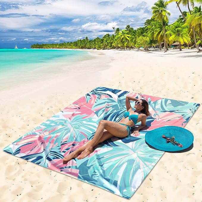 Beach Blanket Waterproof Sandproof Beach Mat for 1-8 Adults Quick Drying Durable Outdoor Picnic Mat for Beach Festival Travel Camping Hiking (Flamingoes-Palm, 79"×83"-4 Person)