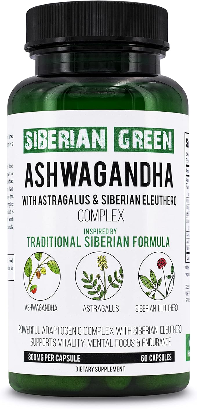 Organic Ashwagandha Root with Astragalus & Siberian Eleuthero Ginseng Complex 60 Capsules Powerful Herbal Support