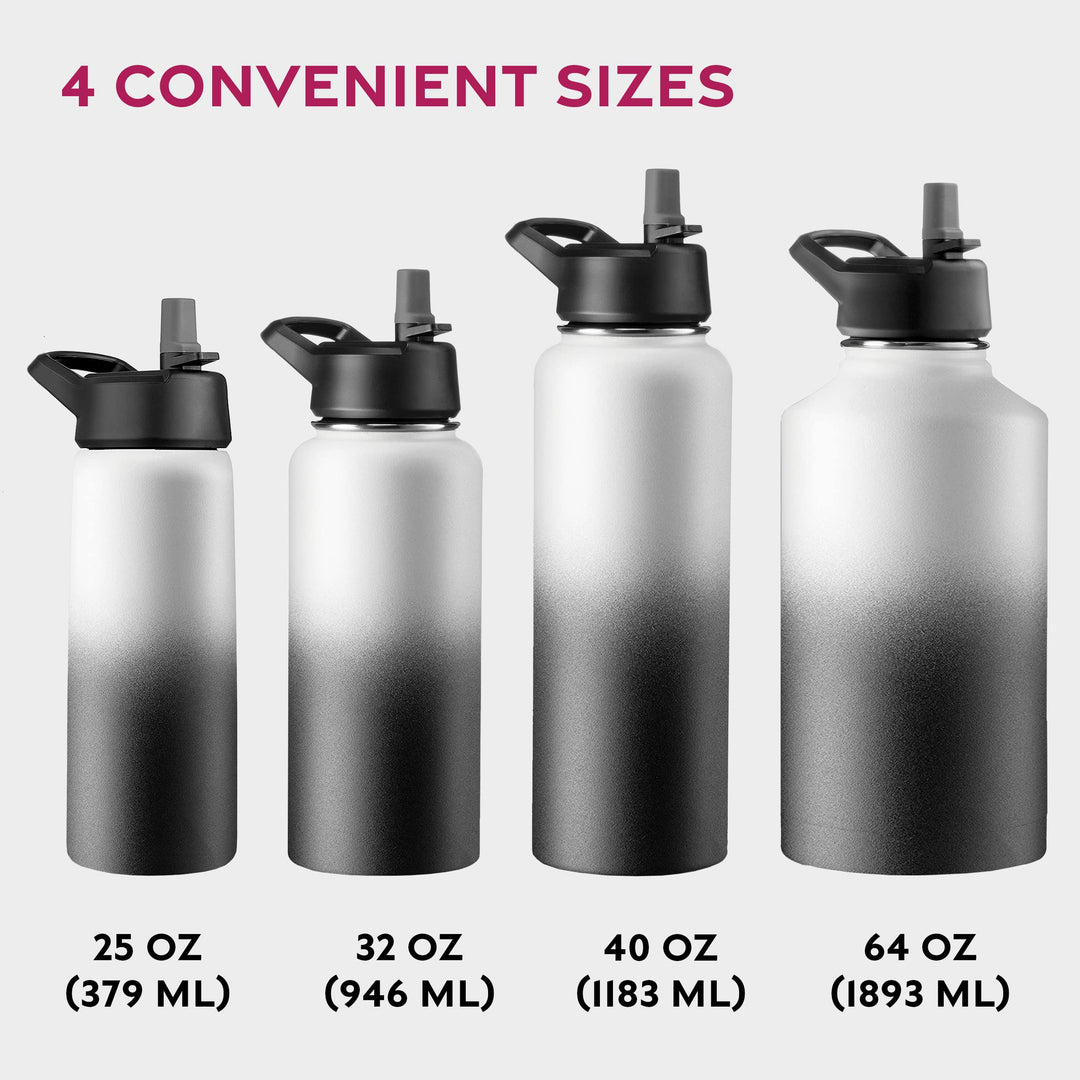 FineDine Triple Walled, Insulated Water Bottles with Straw - 64 Oz Stainless Steel Metal Bottle W/ 3 Leak Proof Lids - For Travel, School, Sports, Gym / Men, Women & Kids - Dreamy Black-White