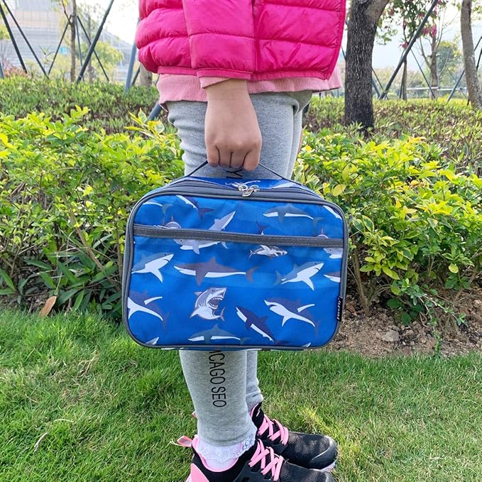 FlowFly Kids Lunch box Insulated Soft Bag Mini Cooler Back to School Thermal Meal Tote Kit for Girls, Boys, Shark