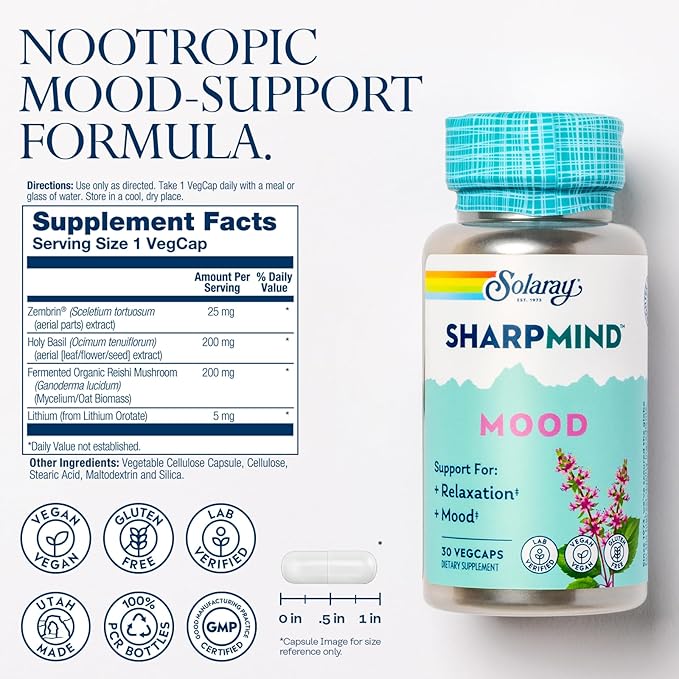 SOLARAY SharpMind Mood Support Supplement, Nootropic for Relaxation and Stress Relief, Zembrin, Holy Basil, Lithium 5mg, Organic Reishi Mushroom, 60 Day Guarantee, 30 Servings, 30 VegCaps