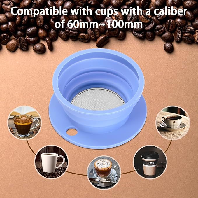 Collapsible Paperless Pour Over Coffee Dripper, Single Cup Travel Pour Over Coffee Maker Camping, Portable Silicone PourOver Coffee Filter with Reusable Metal Mesh Filter (Blue)
