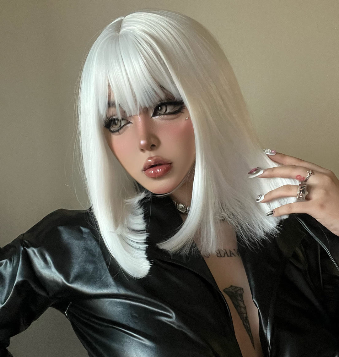 Aisi Beauty White Wig With Bangs Short White Wigs For Women 12 Inch Short Straight White Bob Wig Synthetic Cosplay Wig