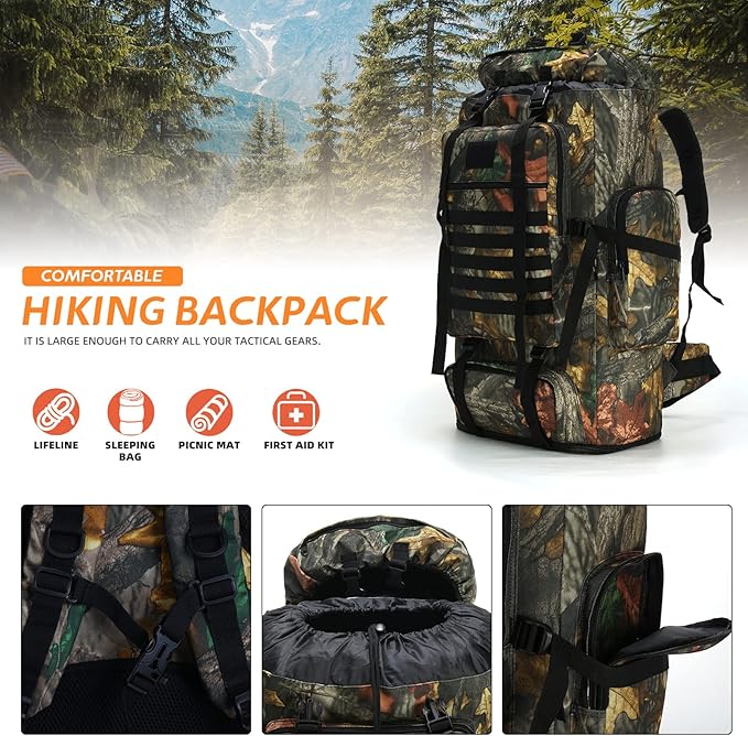 70L/100L Hiking Camping Backpack MOLLE Rucksack Waterproof Traveling Daypack Durable High-Performance Backpack for Backpacking (Leaf camo, 70L/100L)