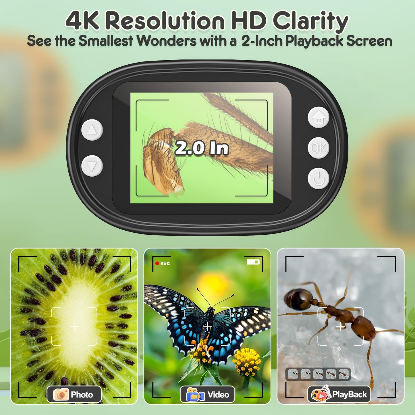 1000X Handheld Digital Microscope for Kids - 4K 2.0" Screen, Rechargeable Mini Labster Portable Pocket Scope, Includes Slides Kit - Science Gadget Edu Gift for Children Ages 4-12 (White)