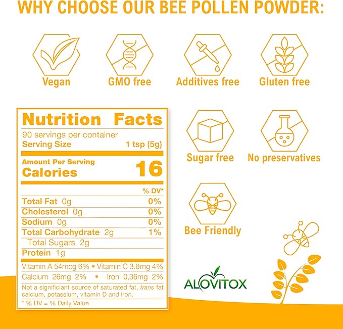 Alovitox Bee Pollen Powder | 100% Pure, Natural Raw Bee Pollen - Antioxidants, Proteins, Vitamins B6, B12, C and A, Amino Acids and More | Non-GMO, Vegan | 8z