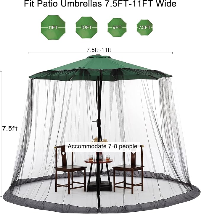 Black Patio Umbrella Mosquito Net, with Double Zipper Door, Polyester Mesh Screen, Universal for Outdoor Umbrellas, 7.5-11ft