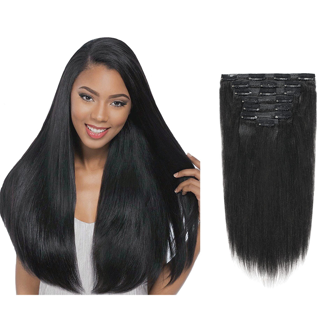 Lacer Light Yaki Clip in Hair Extensions Human Hair, 100% Virgin Remy Human Hair Extensions for African American Black Women Relaxed Hair 7 Pieces/Set 120G 14inch