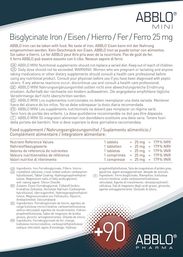 25mg. ABBLO Iron Bisglycinate is Very Gentle on The Stomach, and can be Taken with Food and Calcium Tablets.