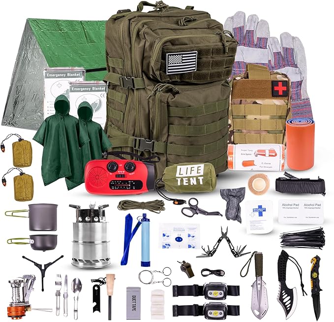 72-Hour Survival Kit | 45L Bug Out Bag | Survival Gear with First Aid, Water Filter, Food, Tools | Camping, Hiking, Outdoor Preparedness Equipment