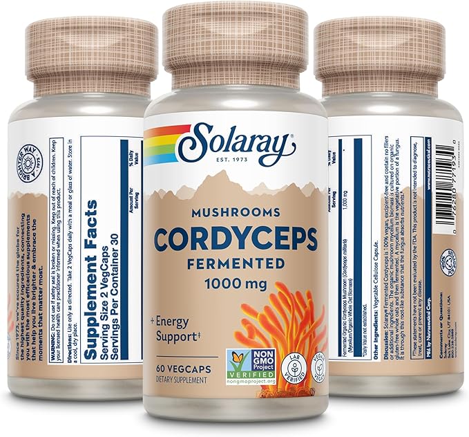SOLARAY Fermented Cordyceps Mushroom 1000 mg - Healthy Energy Support - Fermented for Enhanced Absorption - Vegan, Non-GMO, Lab Verified - 30 Servings, 60 VegCaps