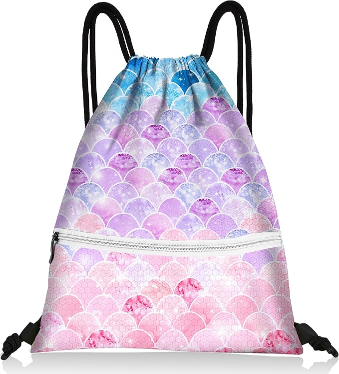 Slohif Drawstring Backpack Beach Swim Bag for Kids Draw String Dance Travel Cinch Ballet Gym Bags for Girls Boys Mermaids Waterproof Backpack for Swimming Summer Camp Pool Sports Nylon Large