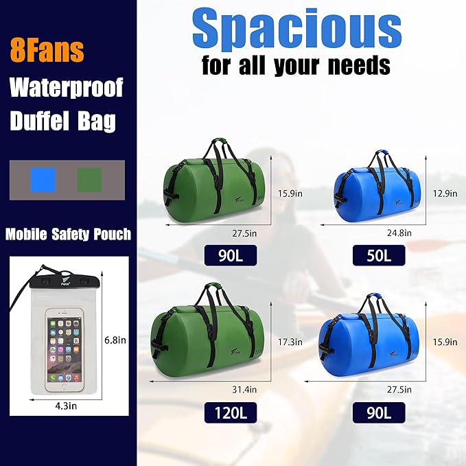 8 Fans Extra Large Waterproof Duffle Bag,Heavy Duty Travel Dry Bag with Durable Straps & Handles, Ideal for Kayaking,Paddleboarding,Boating,Rafting,and Fishing (Blue, 90L)