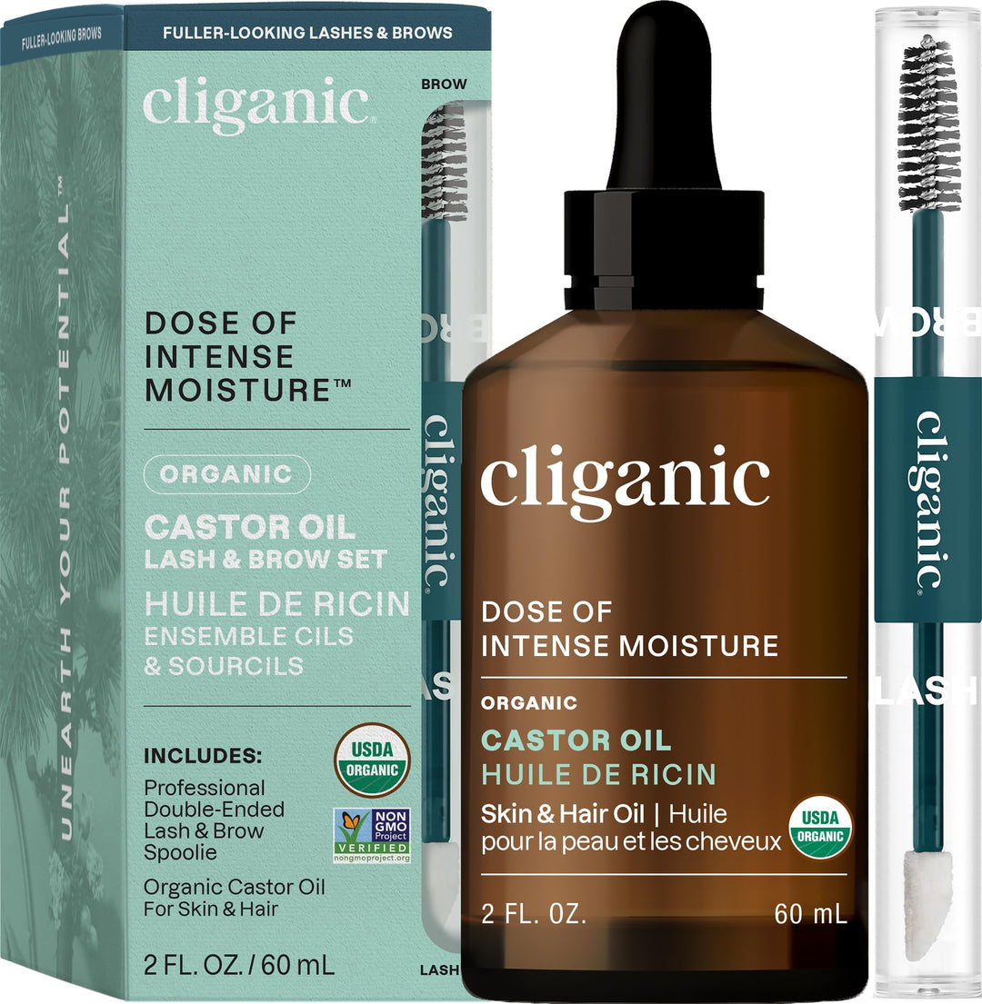 Cliganic Organic Castor Oil, 100% Pure (2oz with Eyelash Kit) - For Eyelashes, Eyebrows, Hair & Skin (Packaging May Vary)