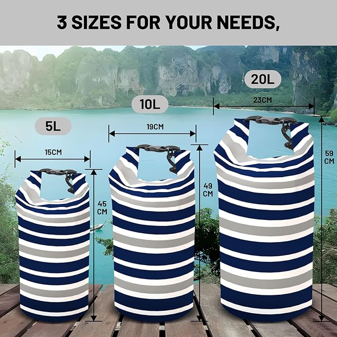 Waterproof Dry Bag,Roll Top Navy Blue and Gray Stripes Waterproof Backpack 5L/10L/20L Floating and Lightweight Bags for Kayaking, Boating, Fishing, Swimming and Camping with Waterproof Phone Case