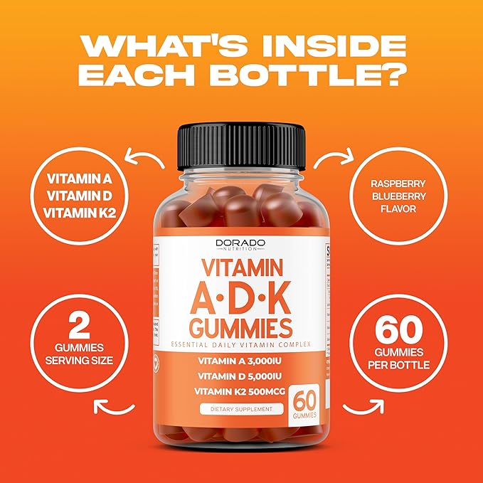 ADK Gummies Vitamin D3 K2 (60 Sugar Free Gummies) Vitamin D3 K2 10000iu/ 5000iu - Supplement with D & K - 10 Vegan Supplement - Delicious Raspberry Flavor - Non GMO & USA Made - 60 Count