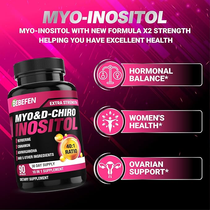 BEBEFEN Inositol Supplement - Myo-Inositol and D-Chiro Inositol Ideal 40:1 Ratio - Plus Berberine, Cinnamon, Ashwagandha + 5 More - 90 Capsules