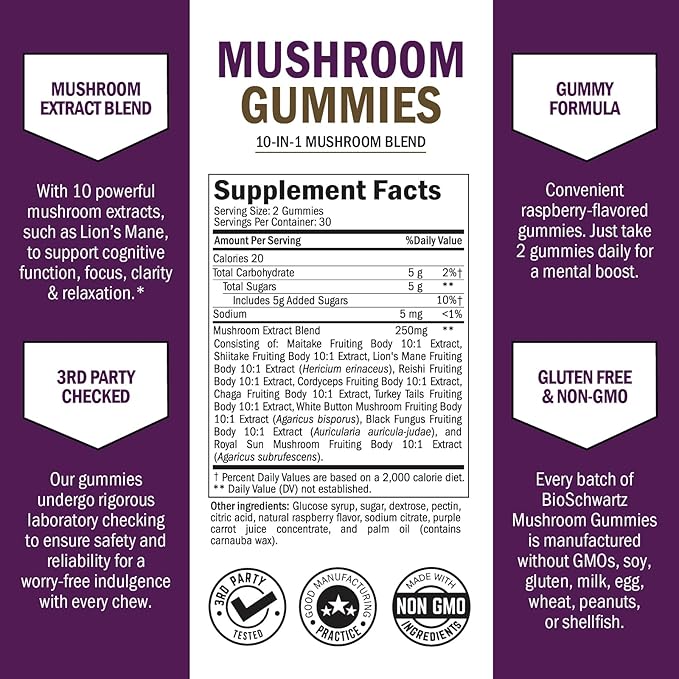Mushroom Gummies for Adults - 10-in-1 Functional Mushroom Supplement for Mood and Focus with Lions Mane Turkey Tail Cordyceps Shiitake Reishi - Vegan, Non-GMO, Fresh Raspberry Flavor, 60 Count