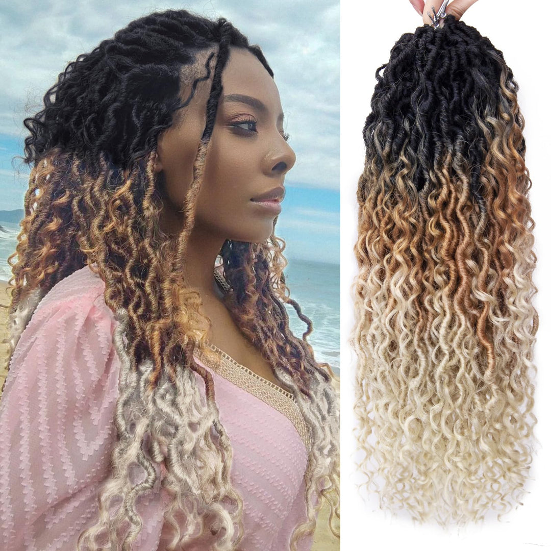 Goddess Locs Crochet Hair 18Inch Faux Locs Crochet Hair Curly Ends Pre-looped River Hippie Locs Bohemian Locs Crochet Braids for Black Women(1B/27/613, 18inch)