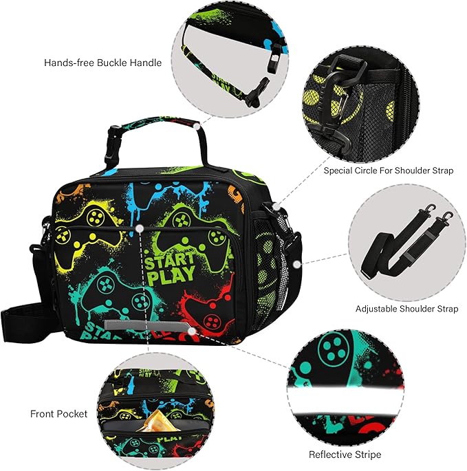 Video Game Pattern Lunch Bag Insulated Lunch Boxes Cooler Cooling Tote Food Container for Adults Men Women