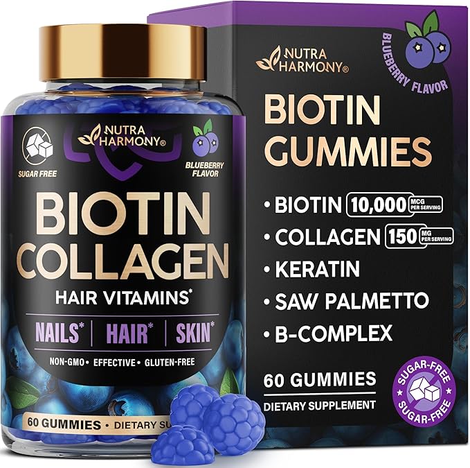 Biotin Gummies with Collagen - Hair Growth Support Skin, & Nail Strength - for Women & Men - Biotin 10000mcg | Keratin | Hyaluronic Acid | B-Complex | Saw Palmetto - Sugar-Free, Blueberry - 60 Gummy