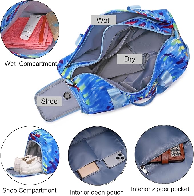 Dance Bag for Girls Travel Duffel Bags Waterproof Sports Gym Overnight for Girls Women,Tie-dye Ballet with Shoe Compartment (Tie-dye Blue)